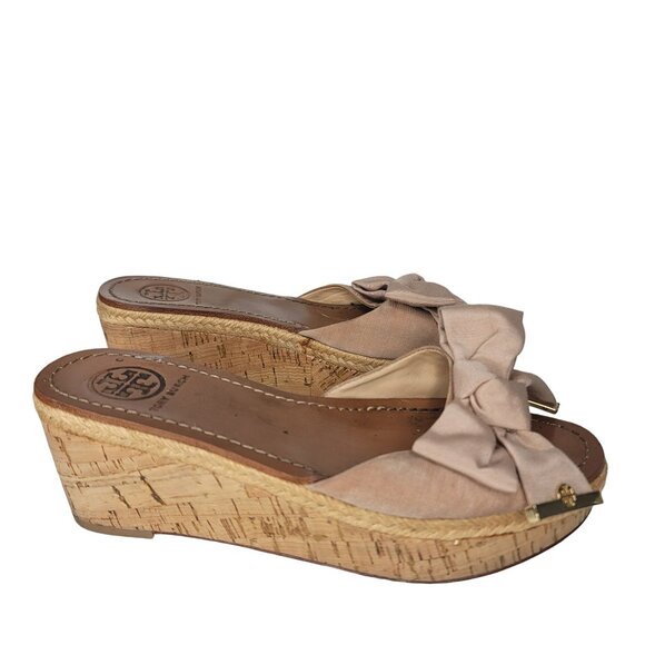 Tory Burch penny Leather Sole cork Wedge Sandals Bow Detail Size 6.5 Light Brown - Picture 5 of 12